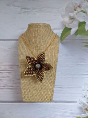 Gold-Tone Floral Bead Pendant Necklace in Iridescent Bronze-Green